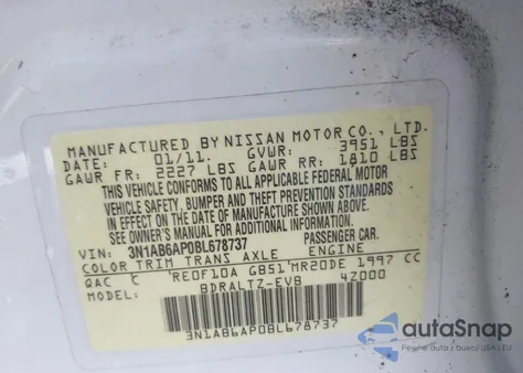 2011 Nissan Sentra 2.0S z USA, uszkodzony, nr VIN 3N1AB6AP0BL678737